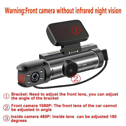 1080P Front & Interior Dual Recording Dash Camera, HD Car DVR with IR Night Vision, 3.16-Inch IPS Screen and Wide-Angle Video Surveillance, Automotive DVR Camera