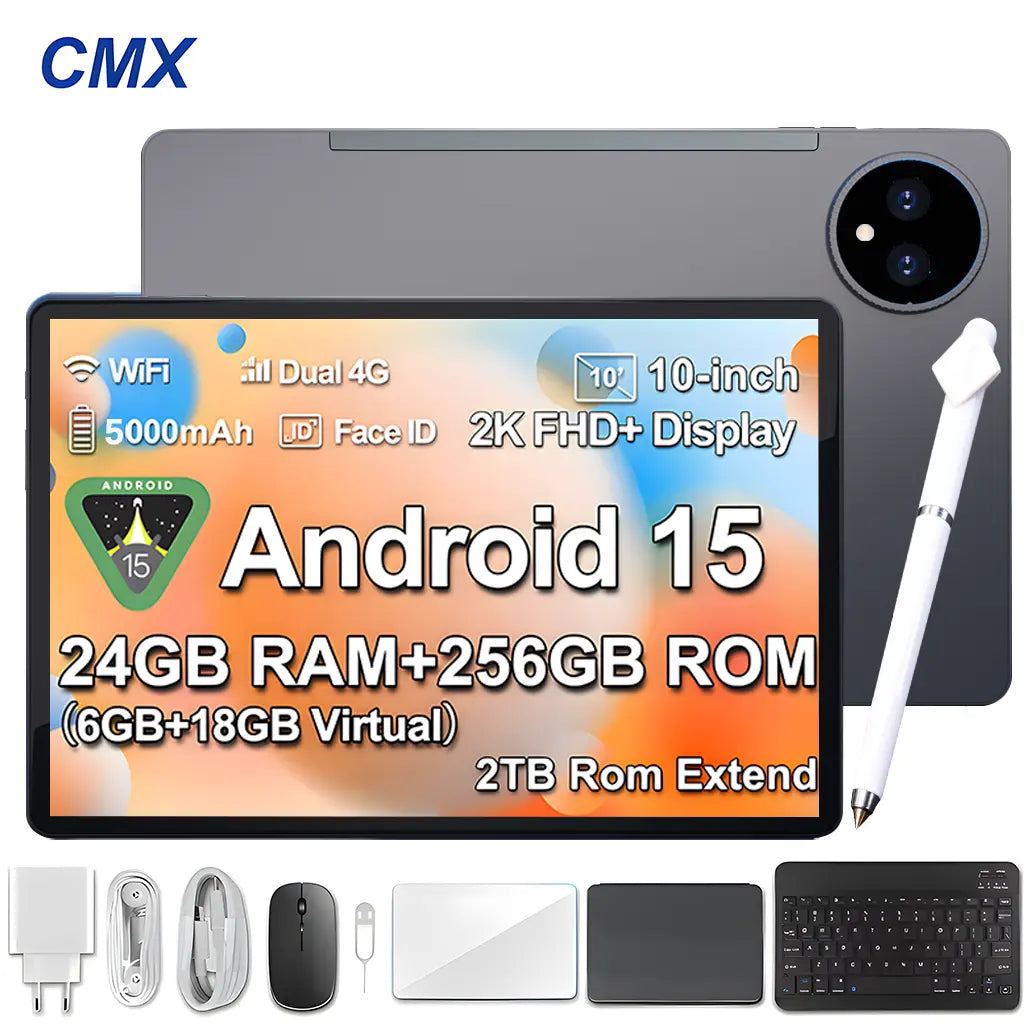 2026 Family 2-In-1 Android 15 Tablet, 10.1" Large Screen,24Gb(6Gb+18Gb) RAM 256GB Storage, Keyboard, Mouse,Stylus, Case Bundle for Kids Learning & Home Use Gift