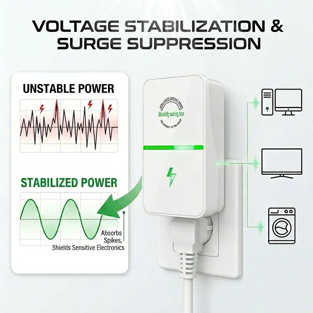 Smart Energy Saving Device, Plug-In Power Factor Saver and Voltage Stabilizer, Household Surge Protector Box for Refrigerator, AC, Office Appliances, Flame-Retardant (8-Pack)