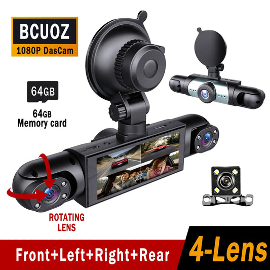BCUOZ 4-Channel Dash Cam,(Not Wireless) 1080P Full HD Front+720P Rear Left Right Coverage, Requires Charging to Use,Super Night Vision, G-Sensor, with Free 64GB Memory Card, Car Dashboard Camera / Safe Driving Black Box,24H Parking Mode#Summervibes Outd