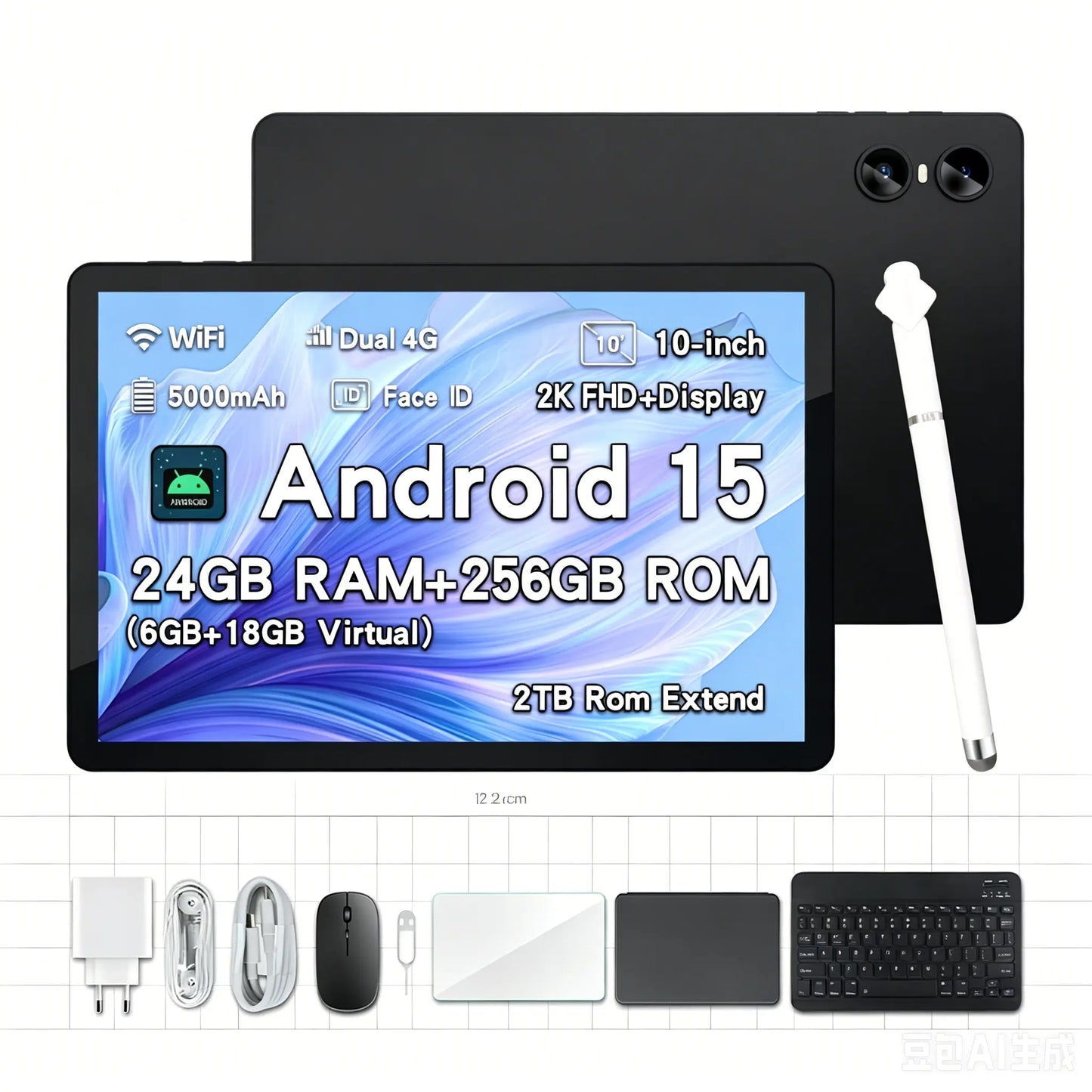2026 Family 2-In-1 Android 15 Tablet, 10.1" Large Screen,24Gb(6Gb+18Gb) RAM 256GB Storage, Keyboard, Mouse,Stylus, Case Bundle for Kids Learning & Home Use Gift
