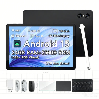 2026 Family 2-In-1 Android 15 Tablet, 10.1" Large Screen,24Gb(6Gb+18Gb) RAM 256GB Storage, Keyboard, Mouse,Stylus, Case Bundle for Kids Learning & Home Use Gift