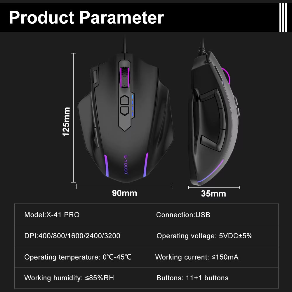 X-41 RGB Gaming Mouse - 24000 DPI, 10 Programmable Buttons, USB Wired Optical Mouse for PC & Laptop