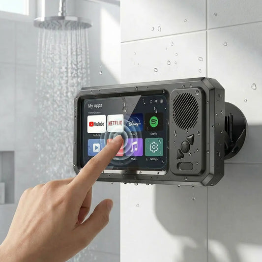 Waterproof Box Speaker, Bathroom Waterproof360 Rotating Touch Screen, Bluetooth Speaker,Watch Movies, Listen to Music, Phone Holderbluetooth Speaker Audio Shower TV Holder,Swimming Pool, Kitchen, Bathroom, Sink